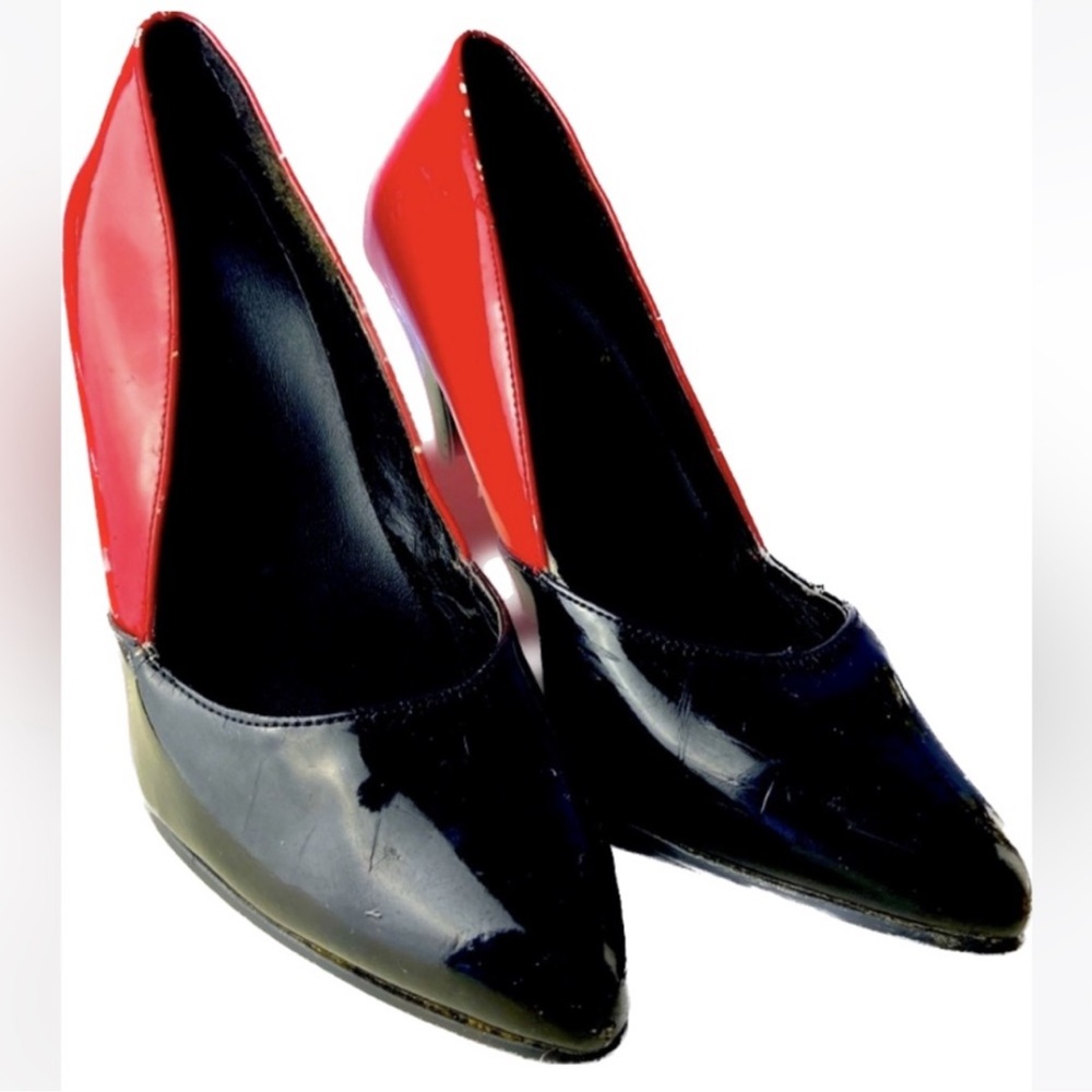 80s Patent leather pumps latex style red and black Spike heels 👠 Vintage